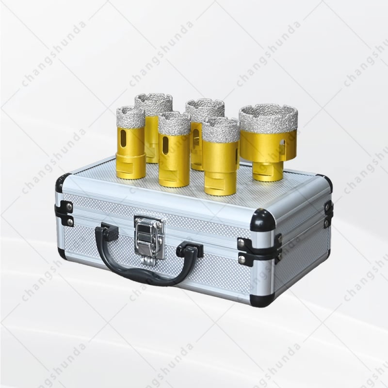 M14 Thread Vacuum Brazed Golden Exposed Sand Diamond Hole Saw Set, M14-5pc Dry Drill Bit Kit with Shockproof Aluminum Carry Case, 25/28/32/38/50mm Dry Cutting Bits for M14 Angle Grinder, Tile Marble Granite Stone Countertop Drilling Tool
