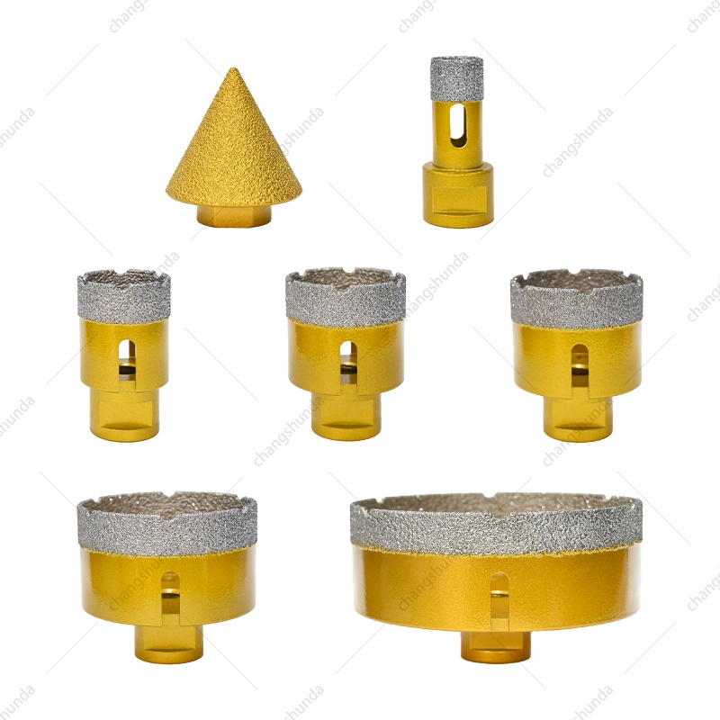 M14-7pc Golden Exposed Diamond Grain Drill Bit Set with Aluminum Case, Vacuum Brazed Dry Cutting Hole Saw Kit Including 6 Core Bits & 50mm Chamfer Tool for Angle Grinder
