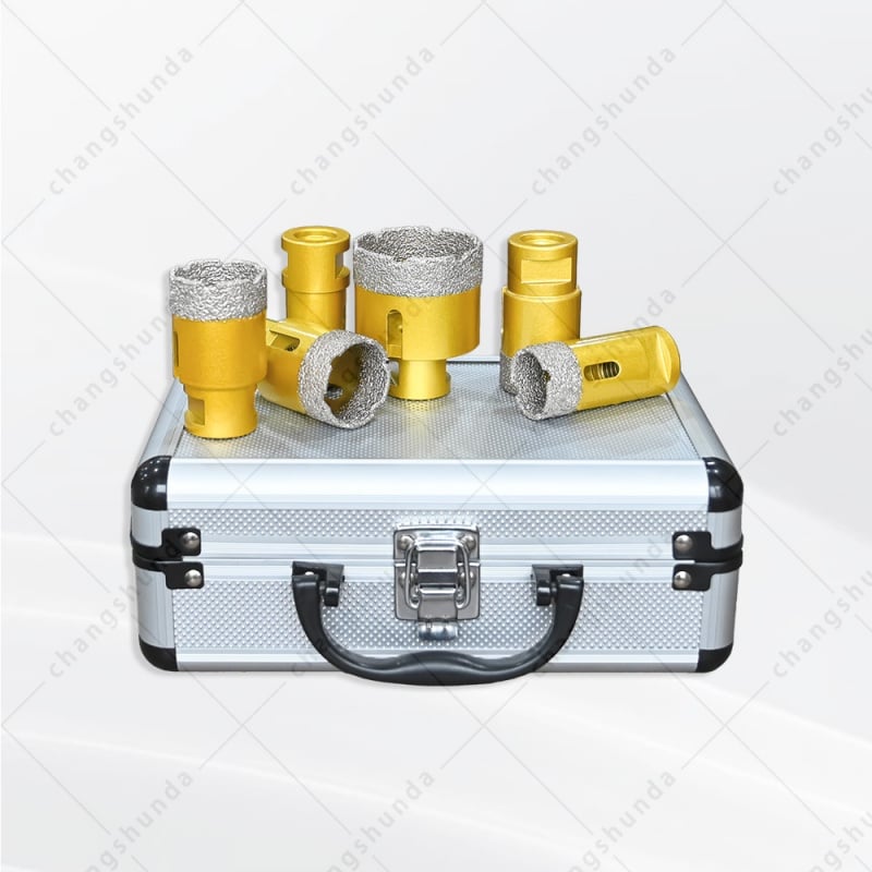 M14 Thread Vacuum Brazed Golden Exposed Sand Diamond Hole Saw Set, M14-5pc Dry Drill Bit Kit with Shockproof Aluminum Carry Case, 25/28/32/38/50mm Dry Cutting Bits for M14 Angle Grinder, Tile Marble Granite Stone Countertop Drilling Tool
