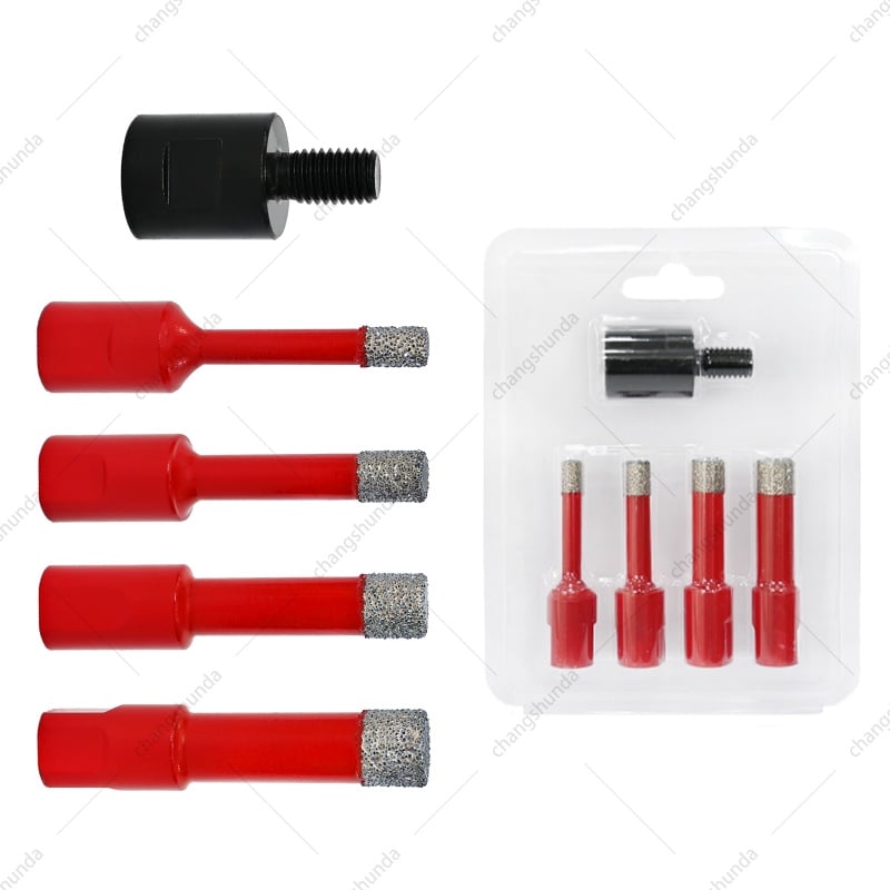 M10 Chinese Red 5pc Blister Pack Set, Vacuum Brazed Diamond Core Drill Bits with Built-in Cooling Wax & M14-M10 Reducer Shank for Tile Ceramic Marble Drilling
