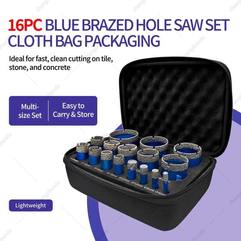 16pc Blue Dry Diamond Core Drill Bits Set, Triangle Shank Dry Drilling Hole Saw for Tile, Ceramic, Marble, Granite
