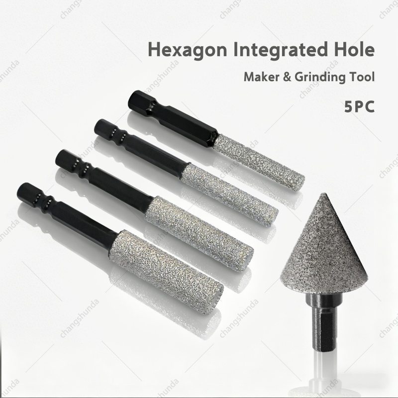 Hex Shank Drill & Grind Integrated Bit Set with Chamfer Tool, 6pcs Vacuum Brazed Diamond Grinding Burr Kit for Electric Hand Drill, Tile Stone Trimming & Hole Chamfering Tools
