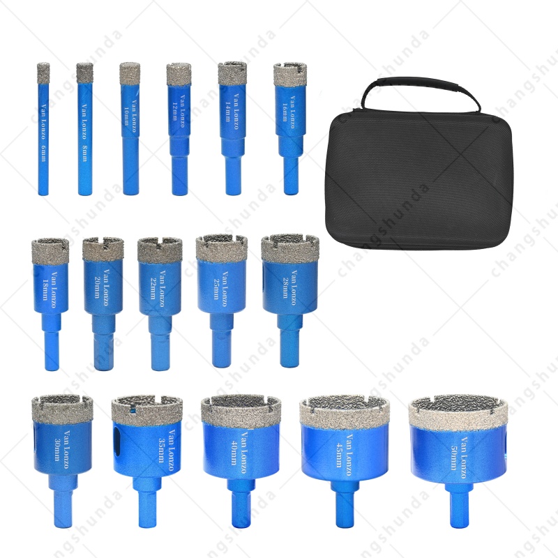 16pc Blue Dry Diamond Core Drill Bits Set, Triangle Shank Dry Drilling Hole Saw for Tile, Ceramic, Marble, Granite
