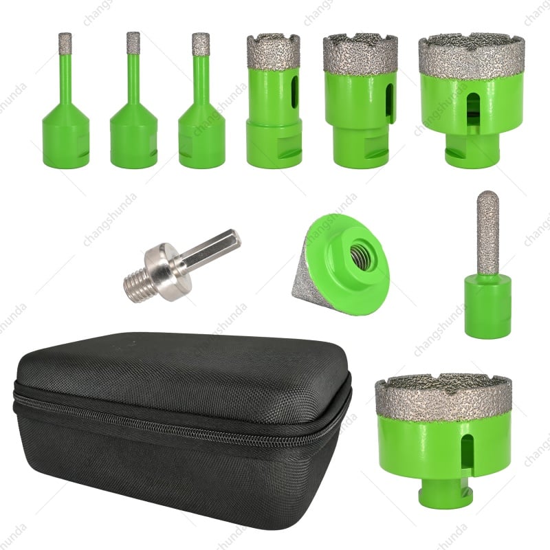 10pc-M14 Light Green Diamond Dry Drill Bit Set with Storage Bag, M14 Thread Brazed Hole Saw Kit Including Core Bits, Trimming Bit & Chamfer Bit for Angle Grinder
