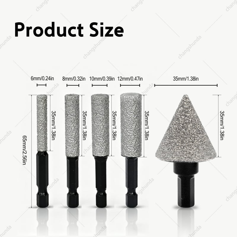 Hex Shank Drill & Grind Integrated Bit Set with Chamfer Tool, 6pcs Vacuum Brazed Diamond Grinding Burr Kit for Electric Hand Drill, Tile Stone Trimming & Hole Chamfering Tools
