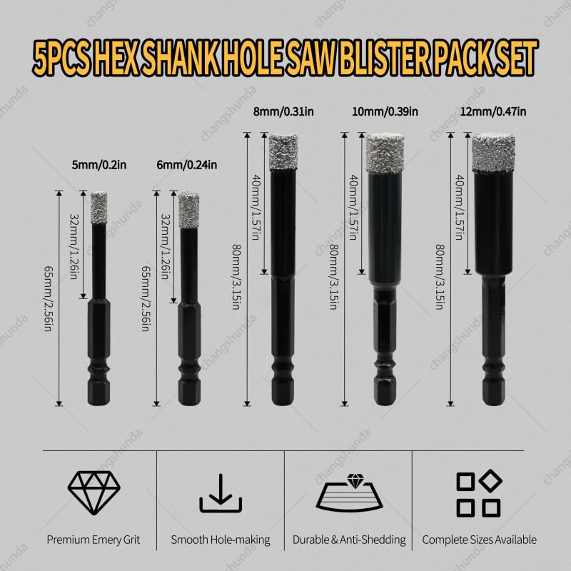 5PCS Black Exposed Grit Hex Shank Diamond Hole Saw Blister Pack Set, Vacuum Brazed Dry Cut Diamond Core Drill Bits for Tile, Ceramic, Marble, Glass
