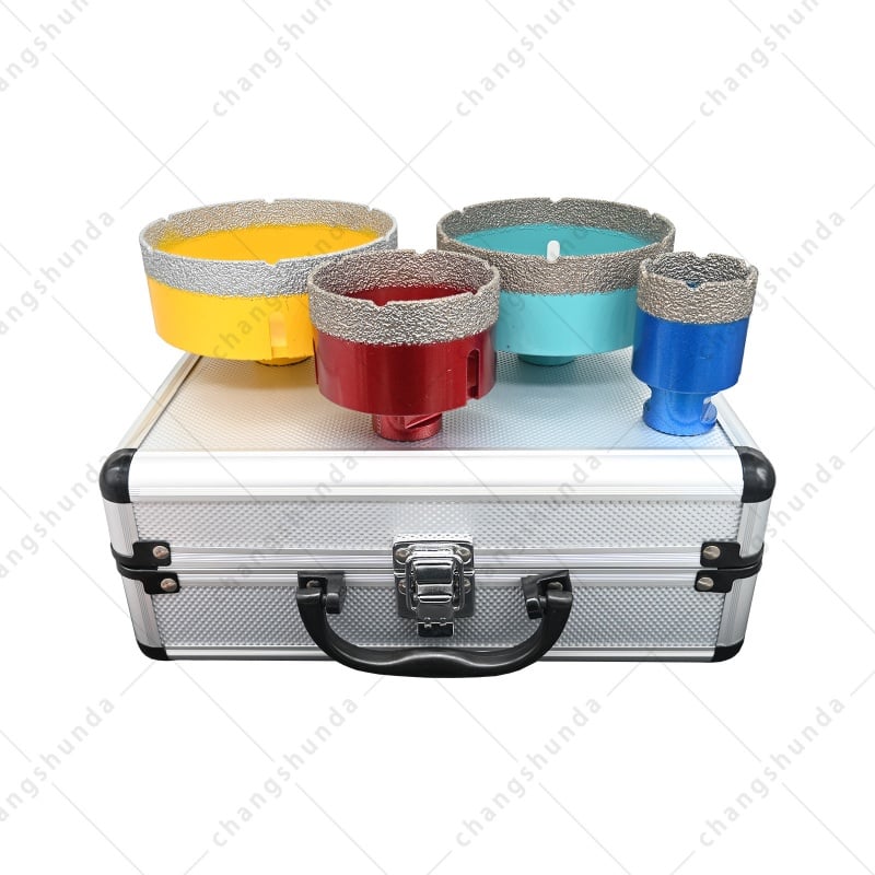 M14 Thread Vacuum Brazed Color Exposed Sand Diamond Hole Saw Set, M14-4pc Dry Drill Bit Kit with Shockproof Aluminum Carry Case, 40/68/110/125mm Dry Cutting Bits for M14 Angle Grinder, Granite Marble Quartz Stone Countertop Drilling Tool
