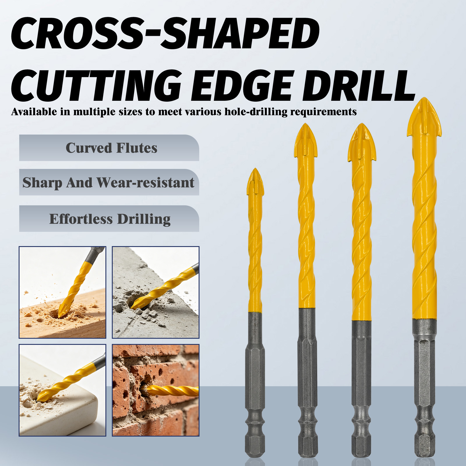 Cross Point Drill Bit — 4-Piece Carbide Tip Drill Set (6mm, 8mm, 10mm, 12mm) with 6.5mm Hex Shank for Tile, Glass & Stone Drilling