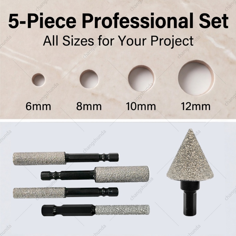Hex Shank Drill & Grind Integrated Bit Set with Chamfer Tool, 6pcs Vacuum Brazed Diamond Grinding Burr Kit for Electric Hand Drill, Tile Stone Trimming & Hole Chamfering Tools
