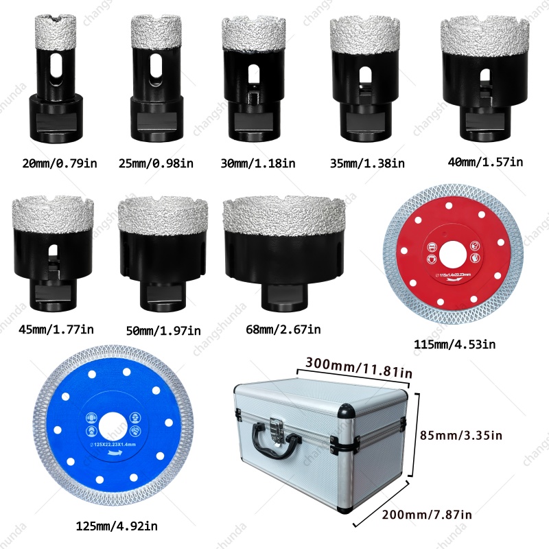 Van Lonzo M14-4pc Blister Set Vacuum Brazed Diamond Hole Saw & Cutting Disc Combo Kit, M14 Thread Diamond Drilling Cutting Tool Set with Portable Aluminum Storage Case for Granite Marble Tile Stone Processing
