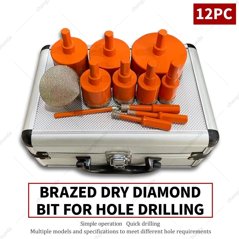 Van Lonzo 12PC Orange Dry Drill Exposed Diamond Set with Aluminum Storage Case, Vacuum Brazed Water-Free Dry Diamond Hole Saw Kit, Heavy Duty 12PC Orange Dry Drill Exposed Diamond Set for Tile Marble Ceramic Glass Dry Drilling & Countertop Chamfering
