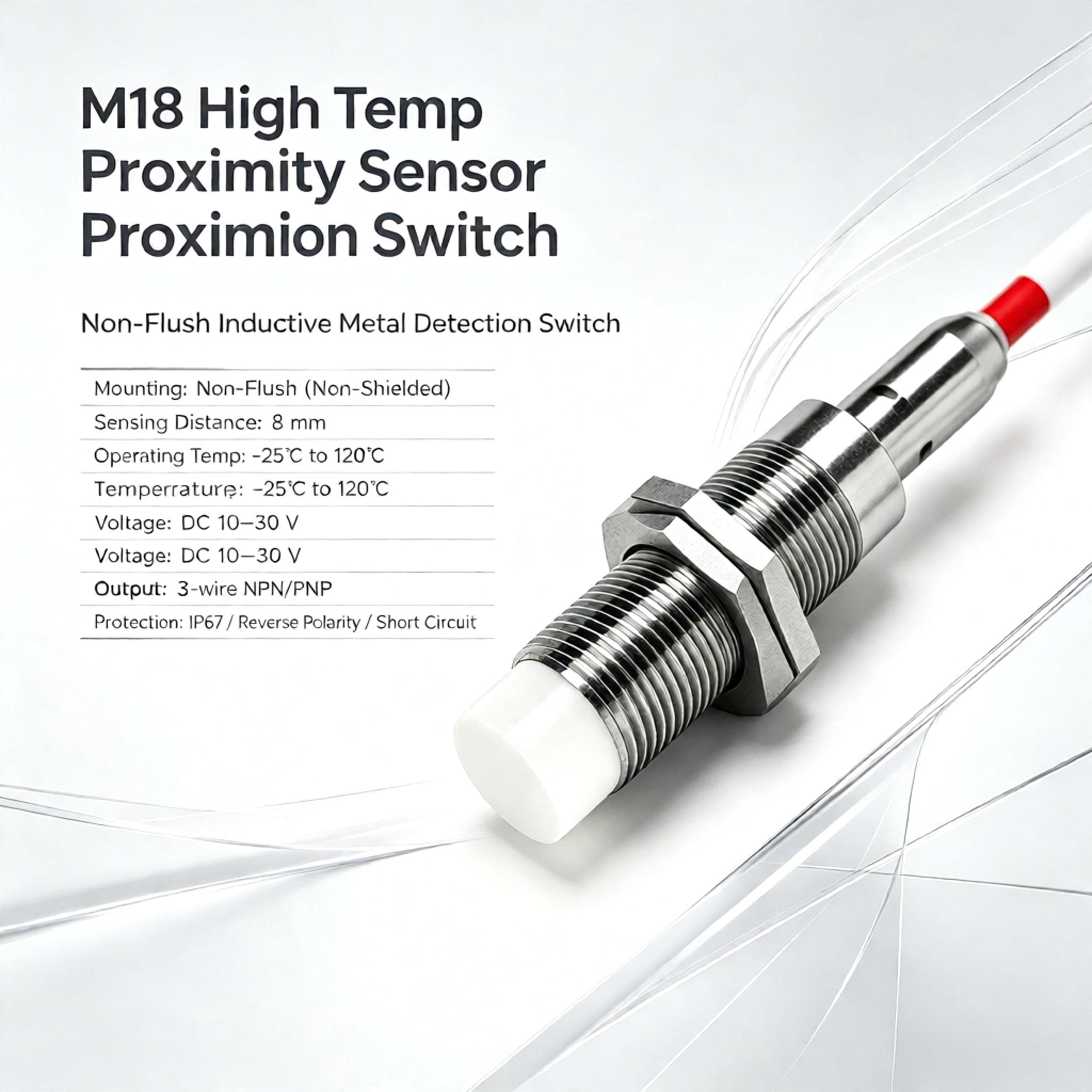 M18 Non-Flush High Temperature Proximity Sensor – 8mm High-Sensitivity, 120°C Heat Resistant, NPN/PNP NO/NC, DC 10-30V