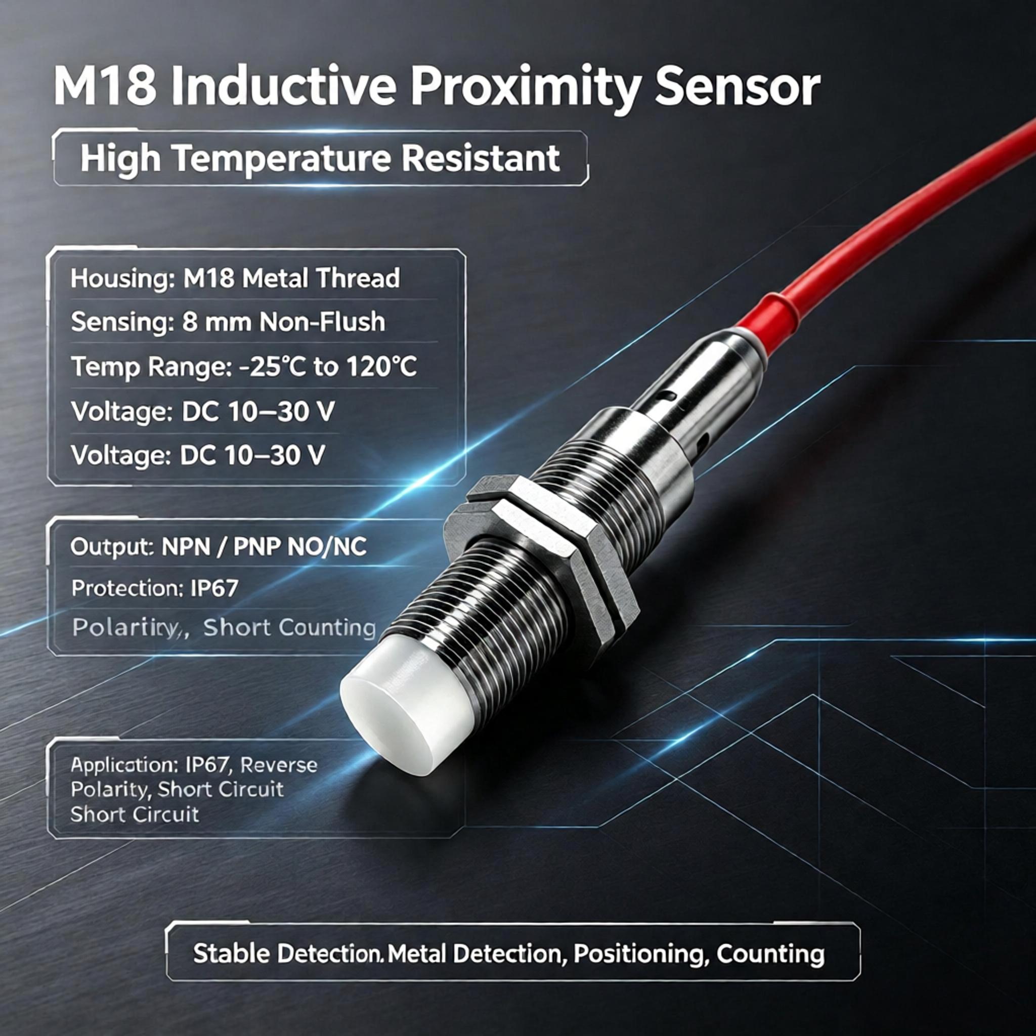 M18 Non-Flush High Temperature Proximity Sensor – 8mm High-Sensitivity, 120°C Heat Resistant, NPN/PNP NO/NC, DC 10-30V