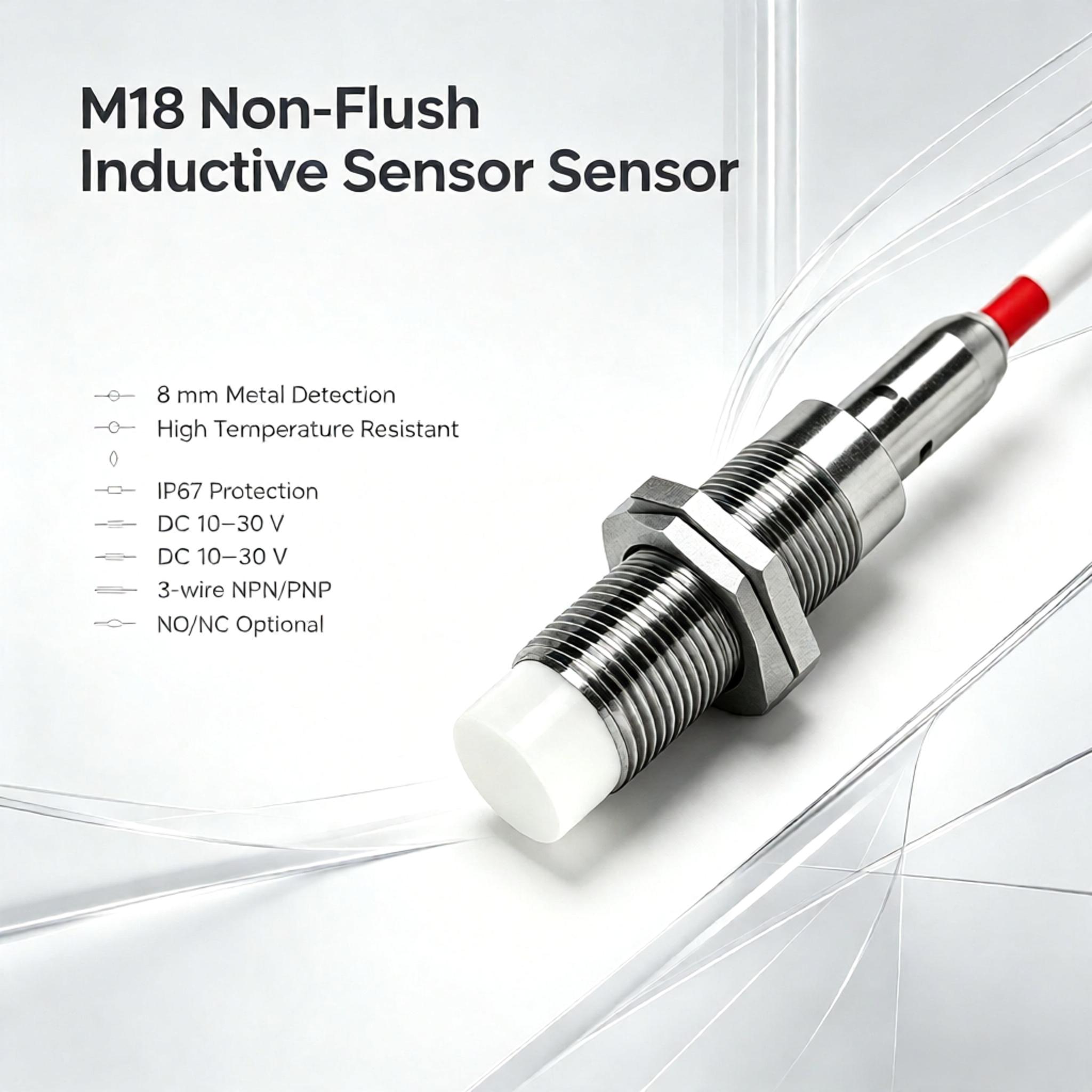 M18 Non-Flush High Temperature Proximity Sensor – 8mm High-Sensitivity, 120°C Heat Resistant, NPN/PNP NO/NC, DC 10-30V