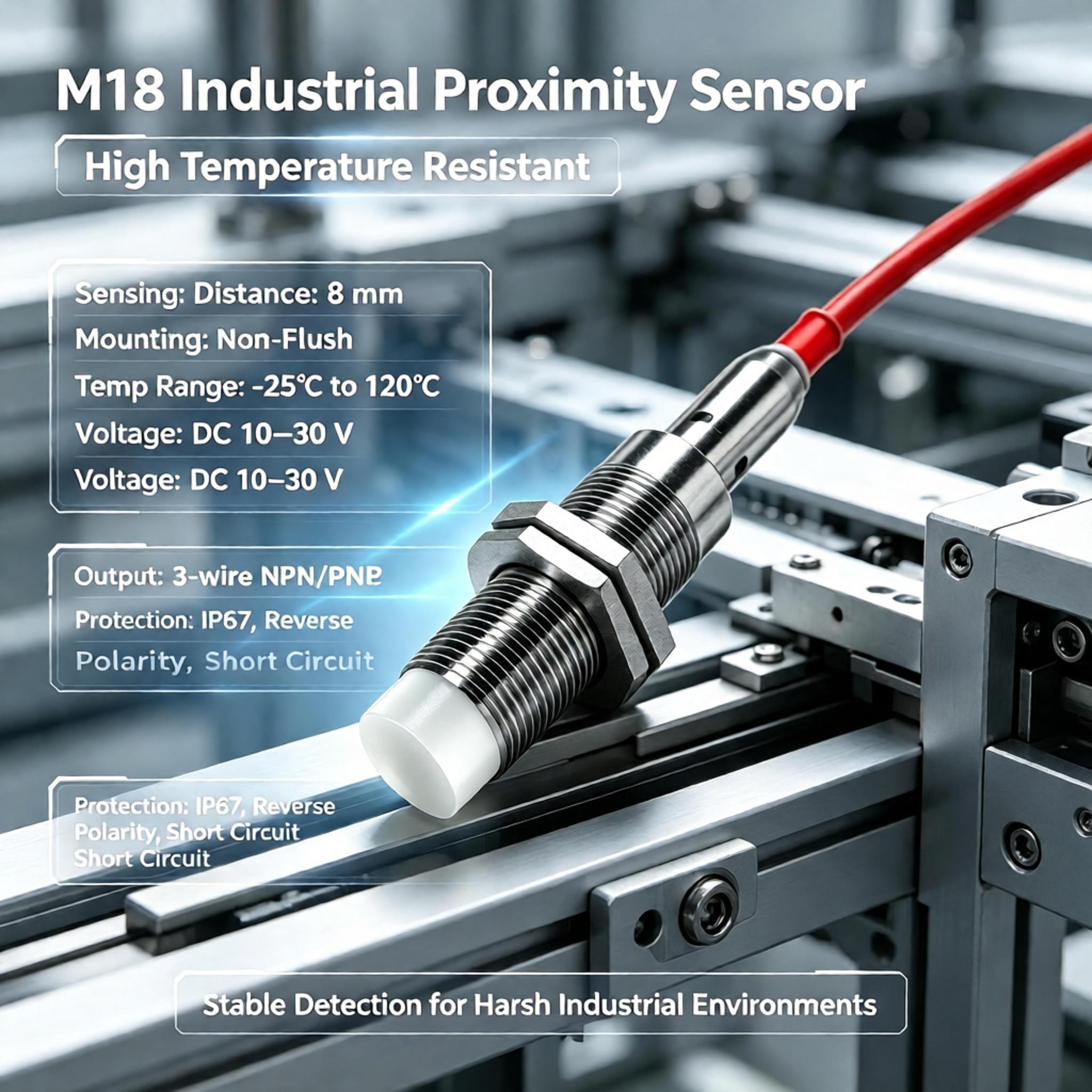 M18 Non-Flush High Temperature Proximity Sensor – 8mm High-Sensitivity, 120°C Heat Resistant, NPN/PNP NO/NC, DC 10-30V