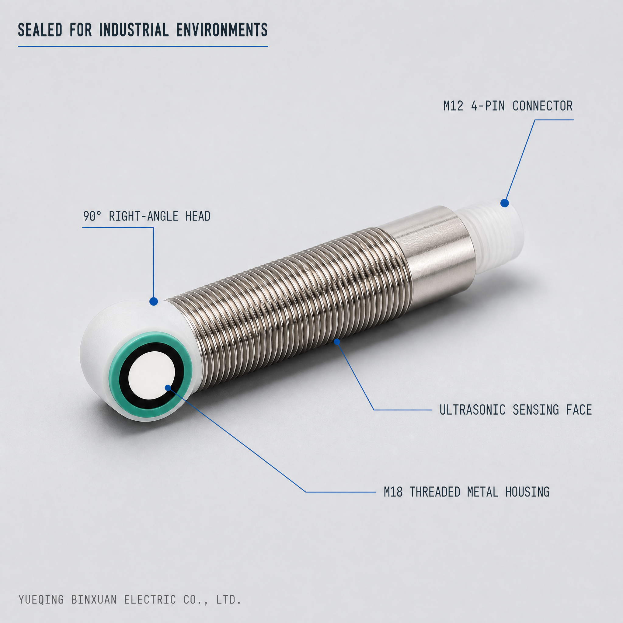 M18 Right Angle Ultrasonic Sensor 300mm Short Body IP65