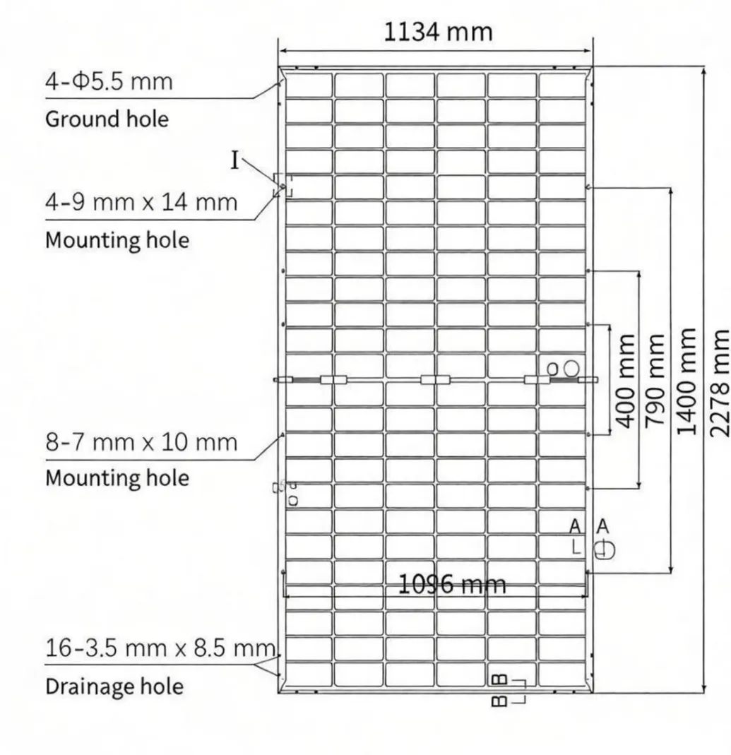 Spec of 600W 144 cells BC Bifacial Double Glass Mono Solar Panel 2278 1134 30m (.webp