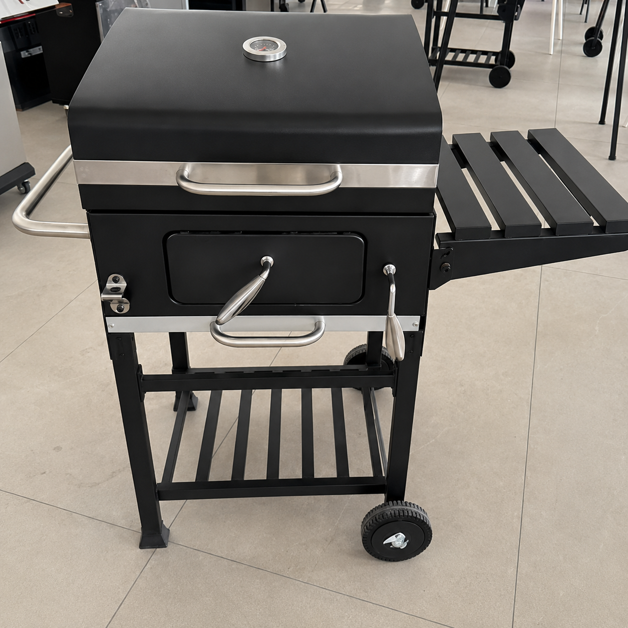 Hooded Charcoal Grill Cart with Side Shelf and Ash Tray
