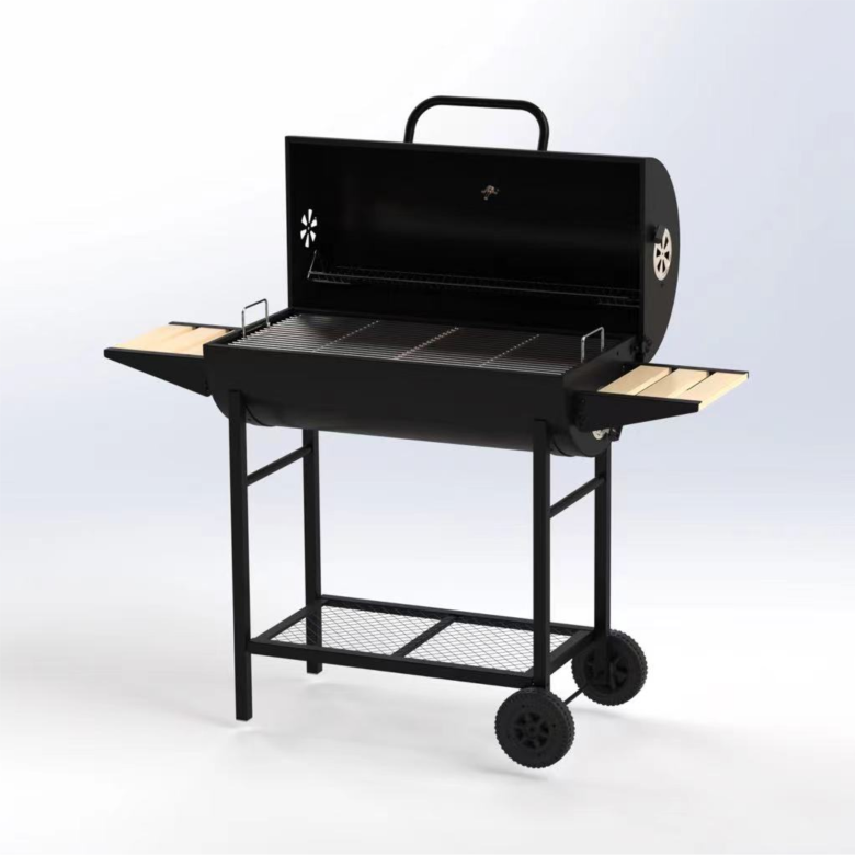 T011-3 Compact Barrel Charcoal Grill with Dual Side Shelves