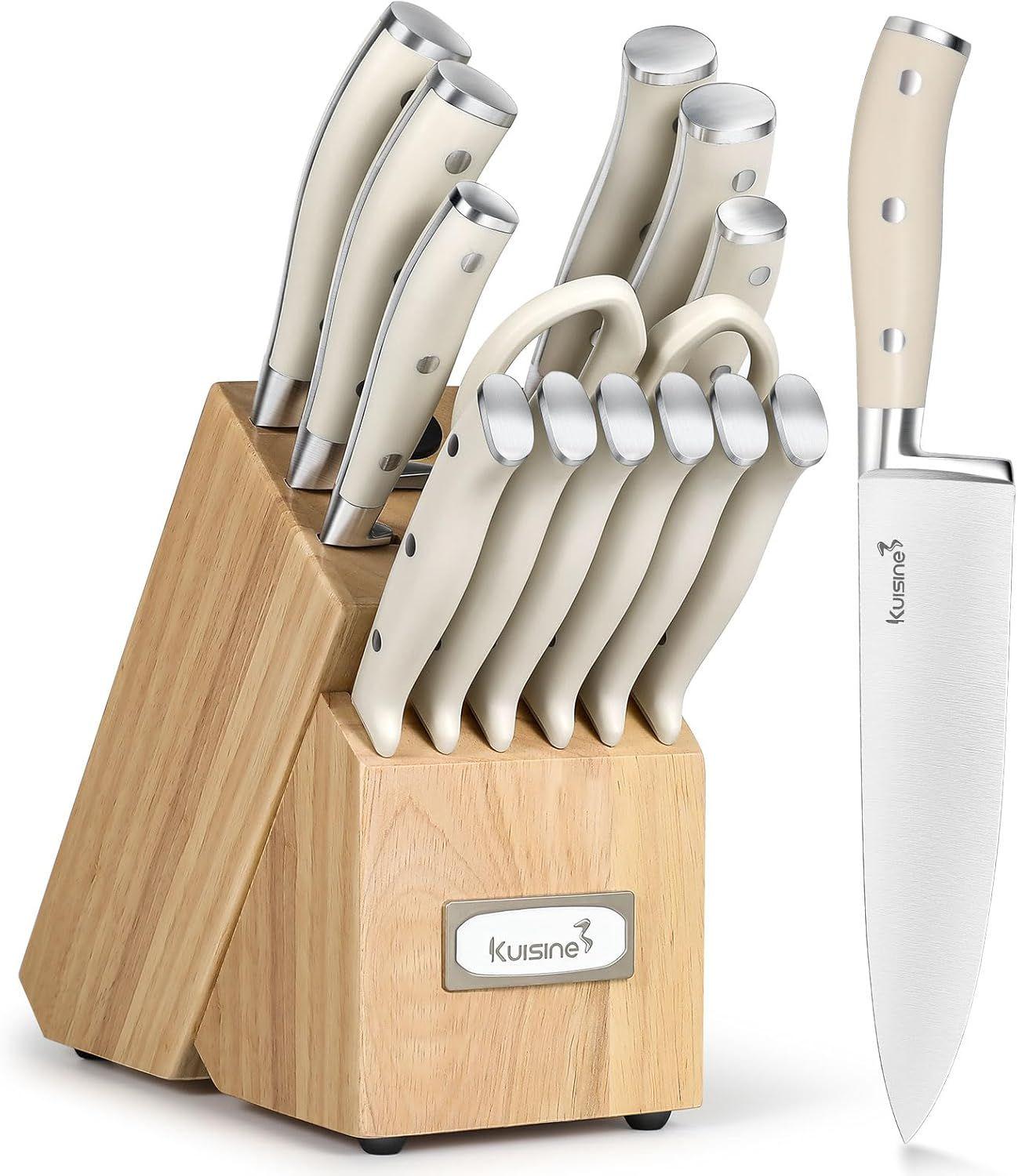 15-Piece Ivory ABS Handle Kitchen Knife Block Set With Built-In Sharpener