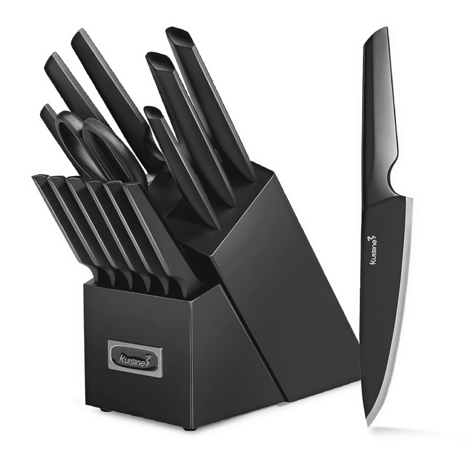 15-Piece One-Piece Molding Modern Kitchen Black Knife Block Set with Built-in Sharpener