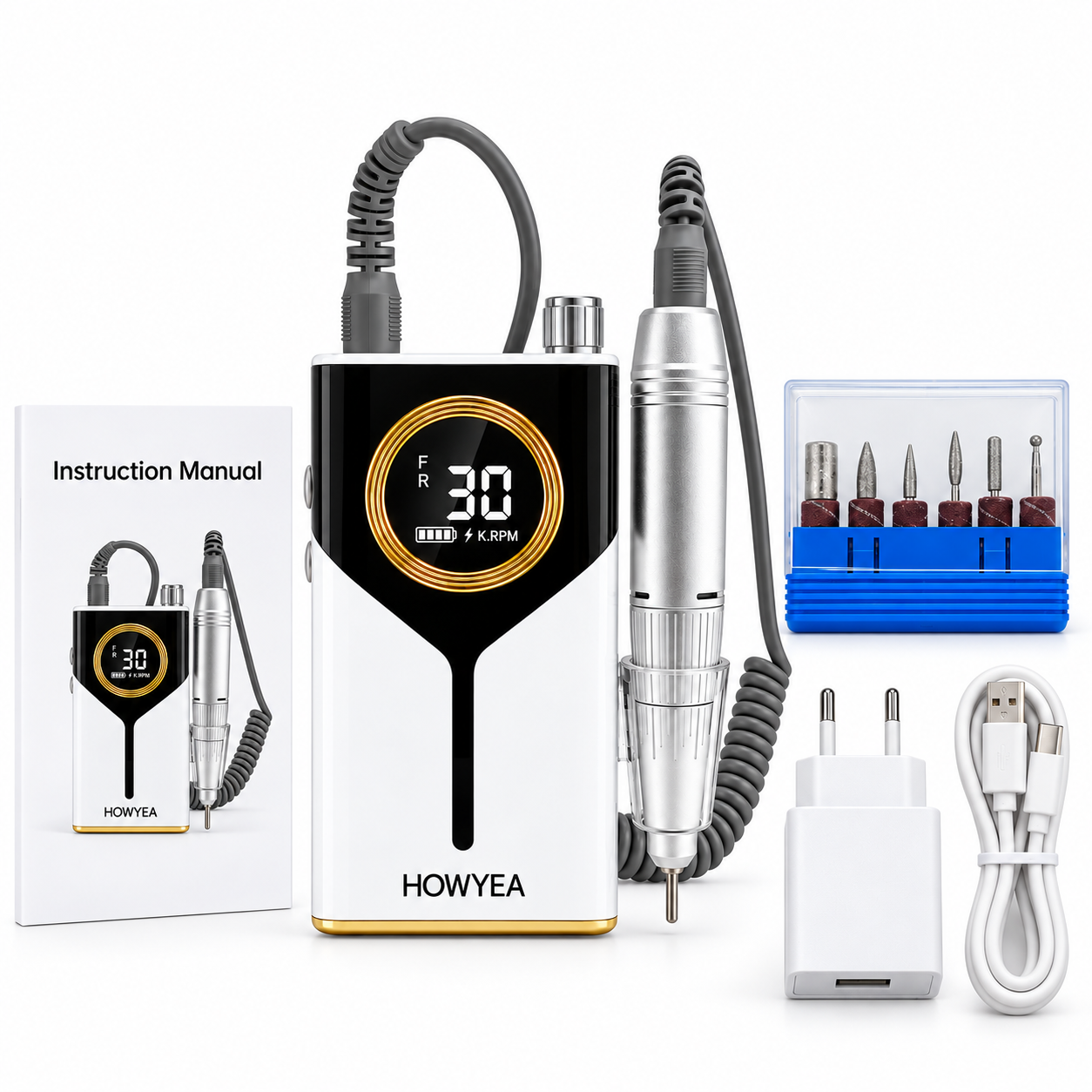 30,000RPM Nail Drill Machine 30W Cordless Rechargeable Electric Nail File 4000mAh for Acrylic Manicure Model HY-1032A

