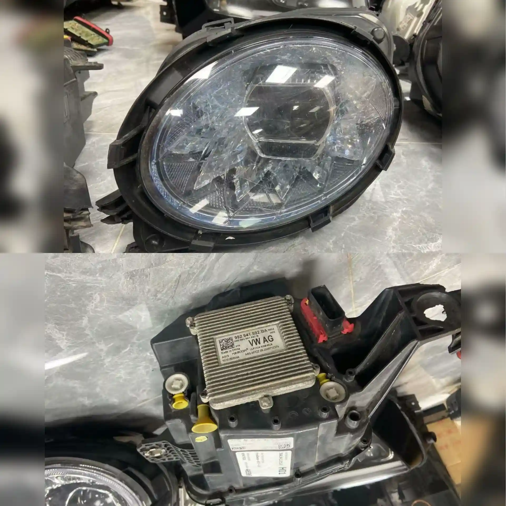 Used OEM luxury car headlight with original part number label.webp