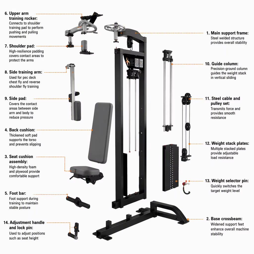 HM-8027 Pectoral Fly Size:124*142*180cm Weight:580 Ibs (263kg) Weight plates: 95kg