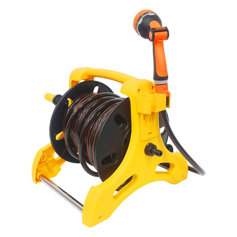 100ft Manual Hand Crank Garden Hose Reel, Wall Mounted Water Reel Heavy Duty Outside Hose Hideaway with Multi-Functional Shower Spray Nozzle
