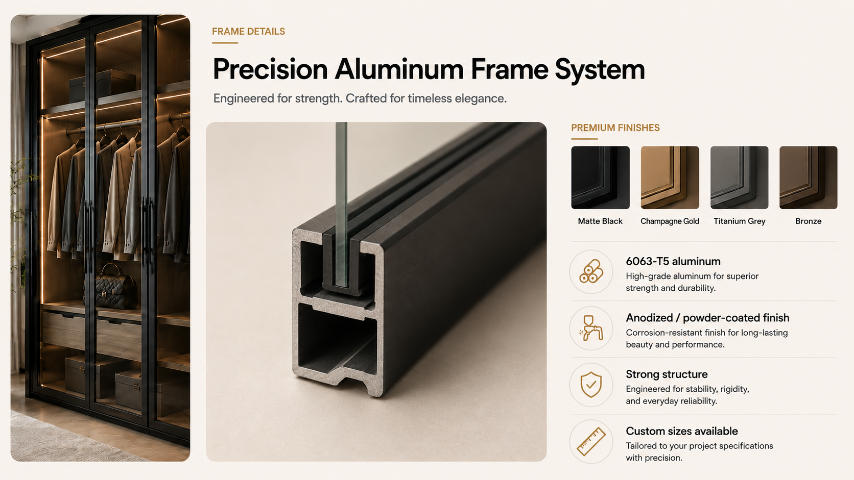 Ultra slim aluminum frame system for custom glass cabinet doors