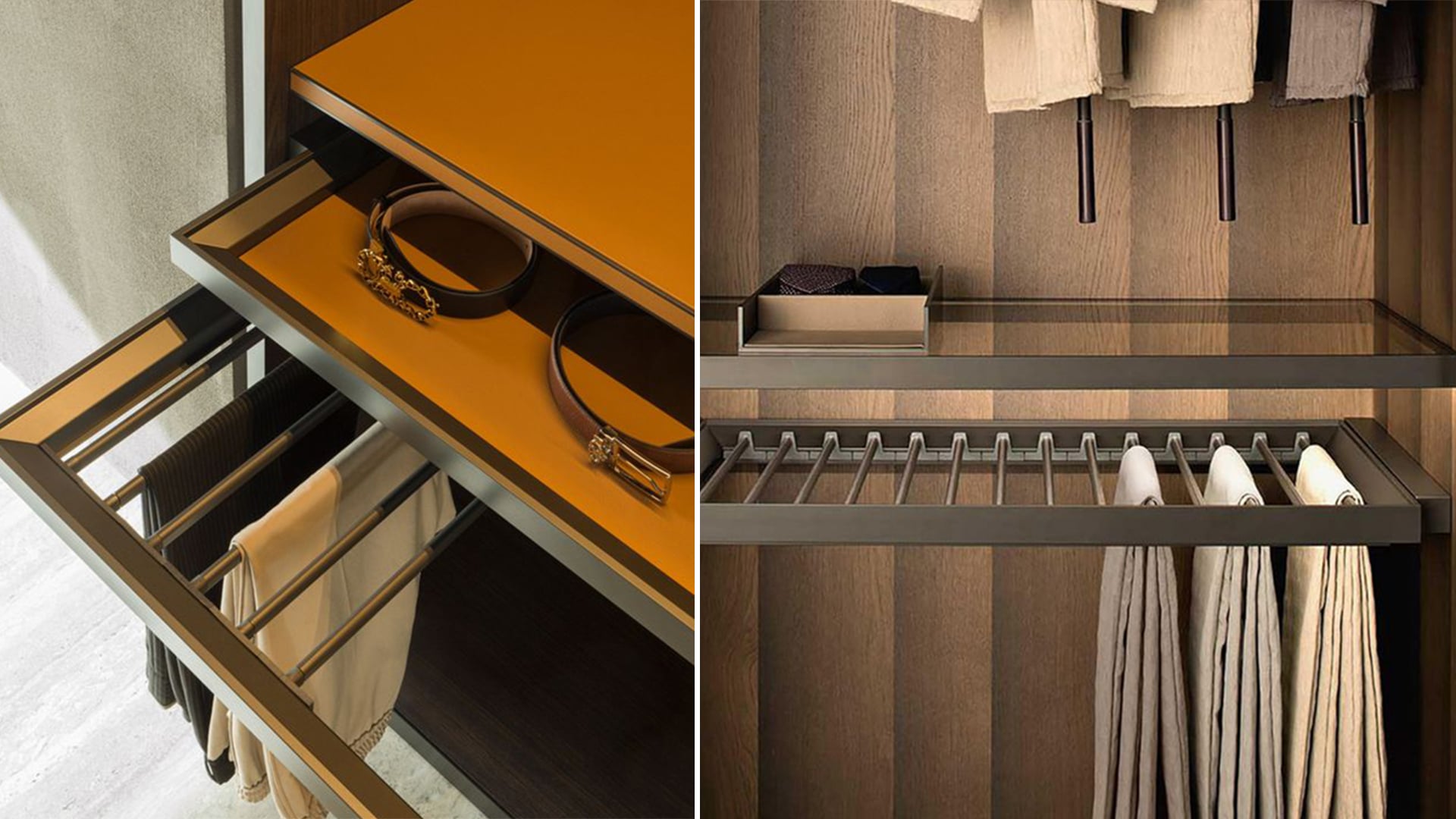 Pull-out trouser rack and modular internal hardware for an aluminum wardrobe system