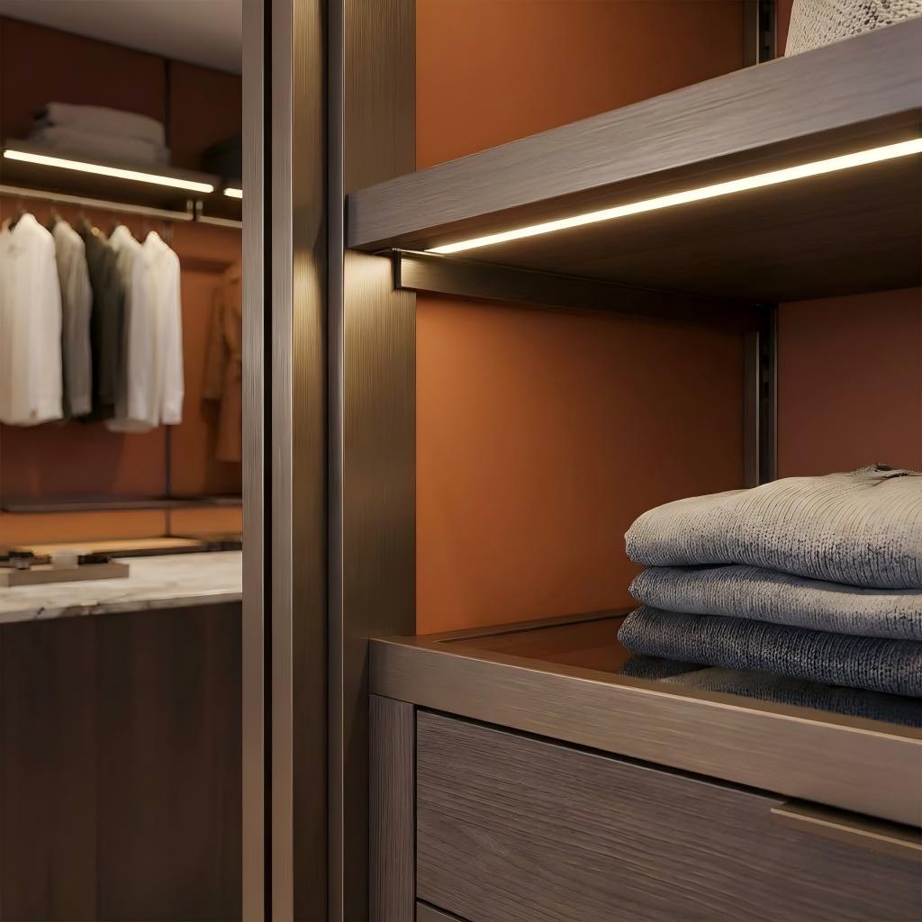 Close-up of integrated LED lighting in an aluminum and wood walk-in closet shelf