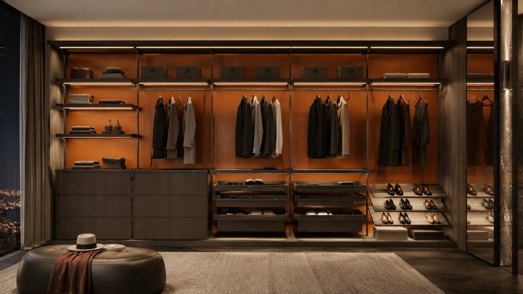 Modular aluminum light pole walk-in closet system with shelves hanging rails and drawers