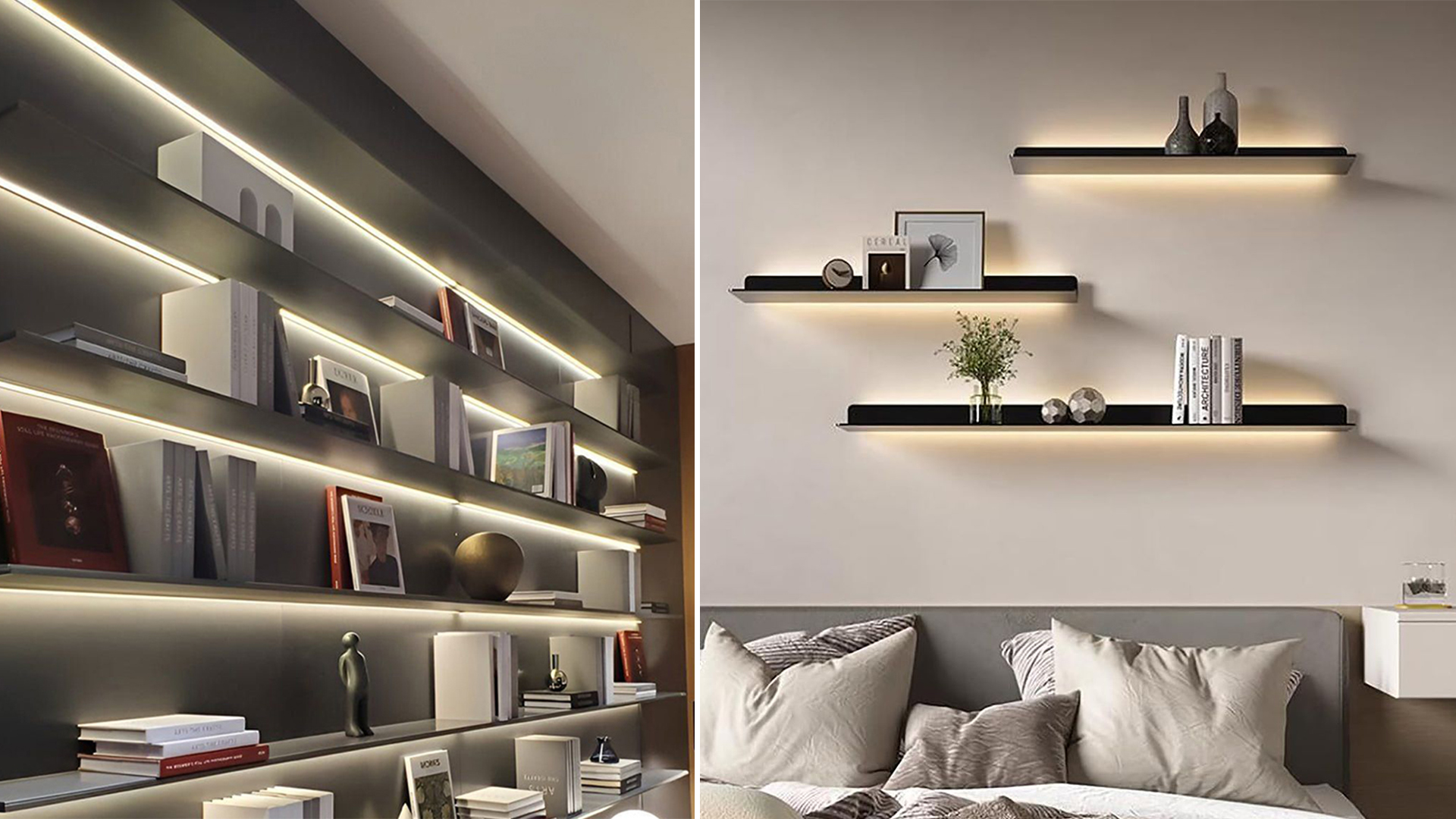 Different modular arrangements of illuminated aluminum floating shelves