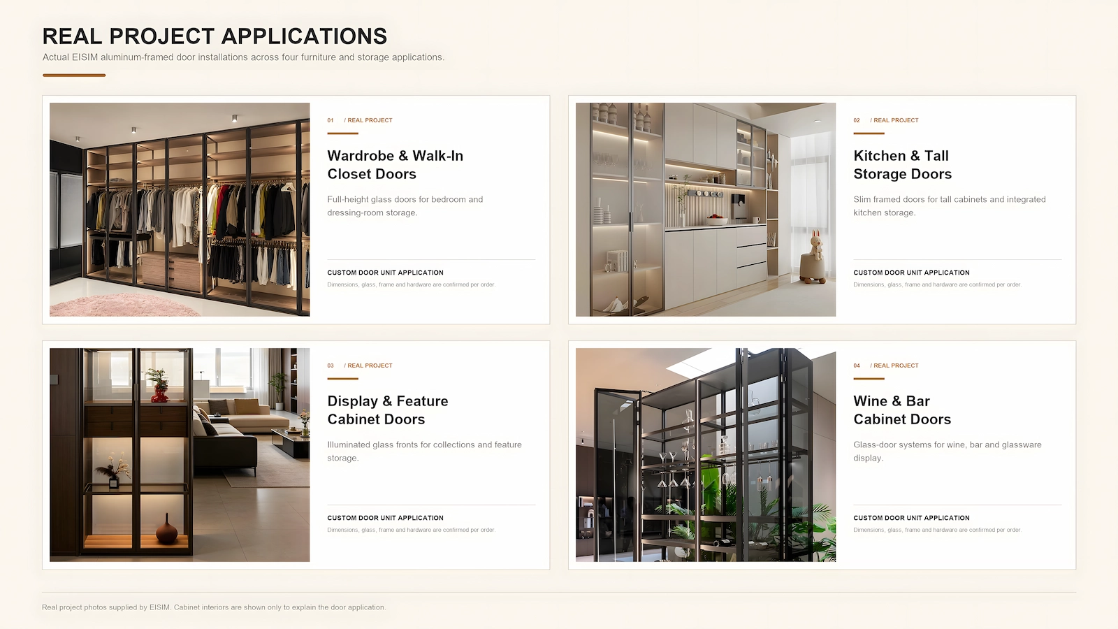 Real EISIM aluminum framed door projects for wardrobes kitchens display cabinets and wine bars
