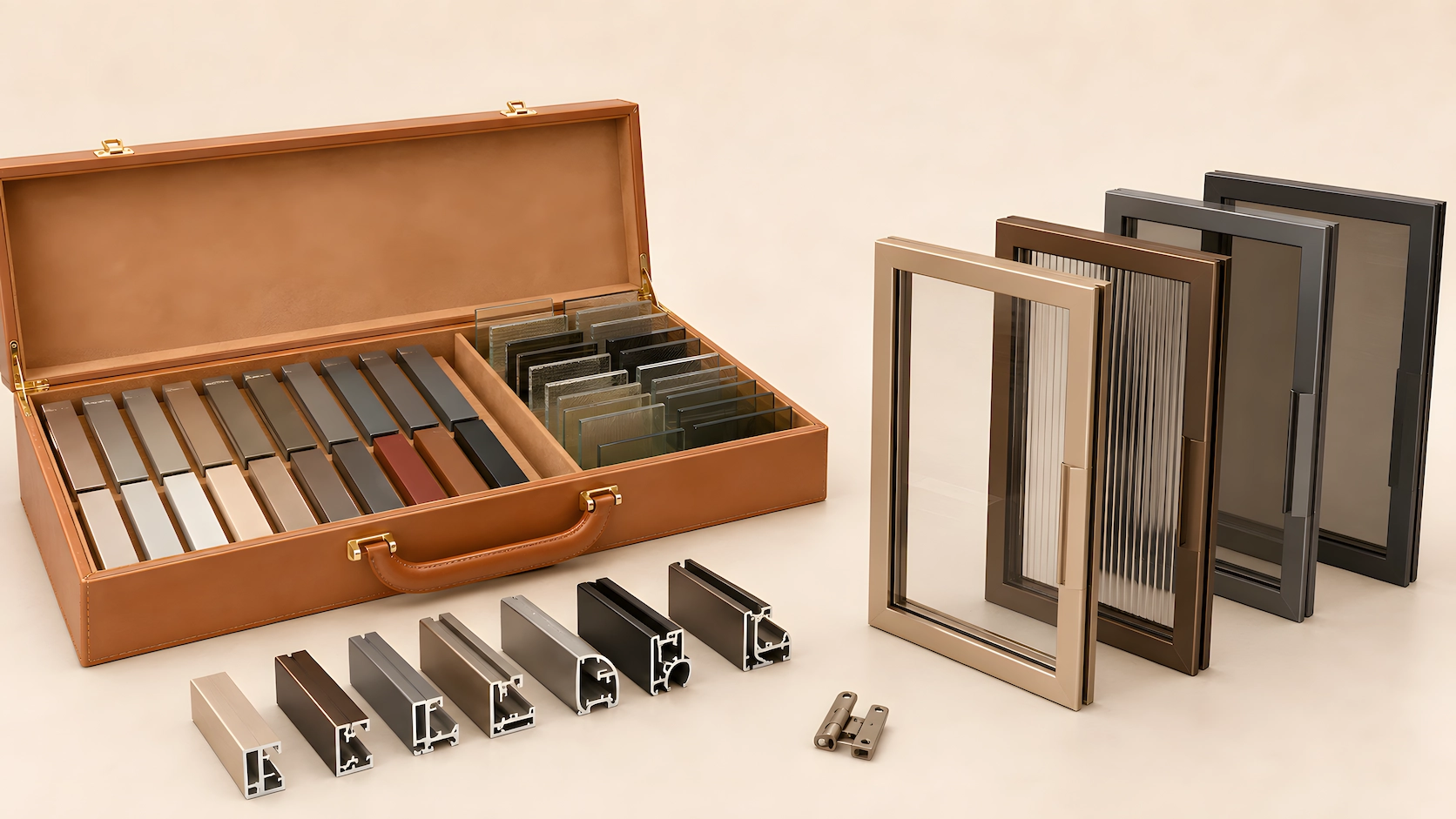 Catalog visualization of an aluminum finish glass and frame profile sample kit for custom aluminum framed doors