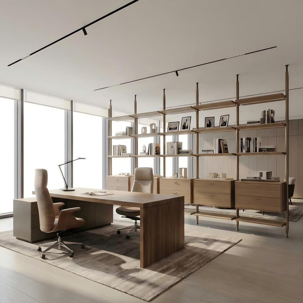 Custom modular bookshelf shown in natural daylight with the LED lighting switched off