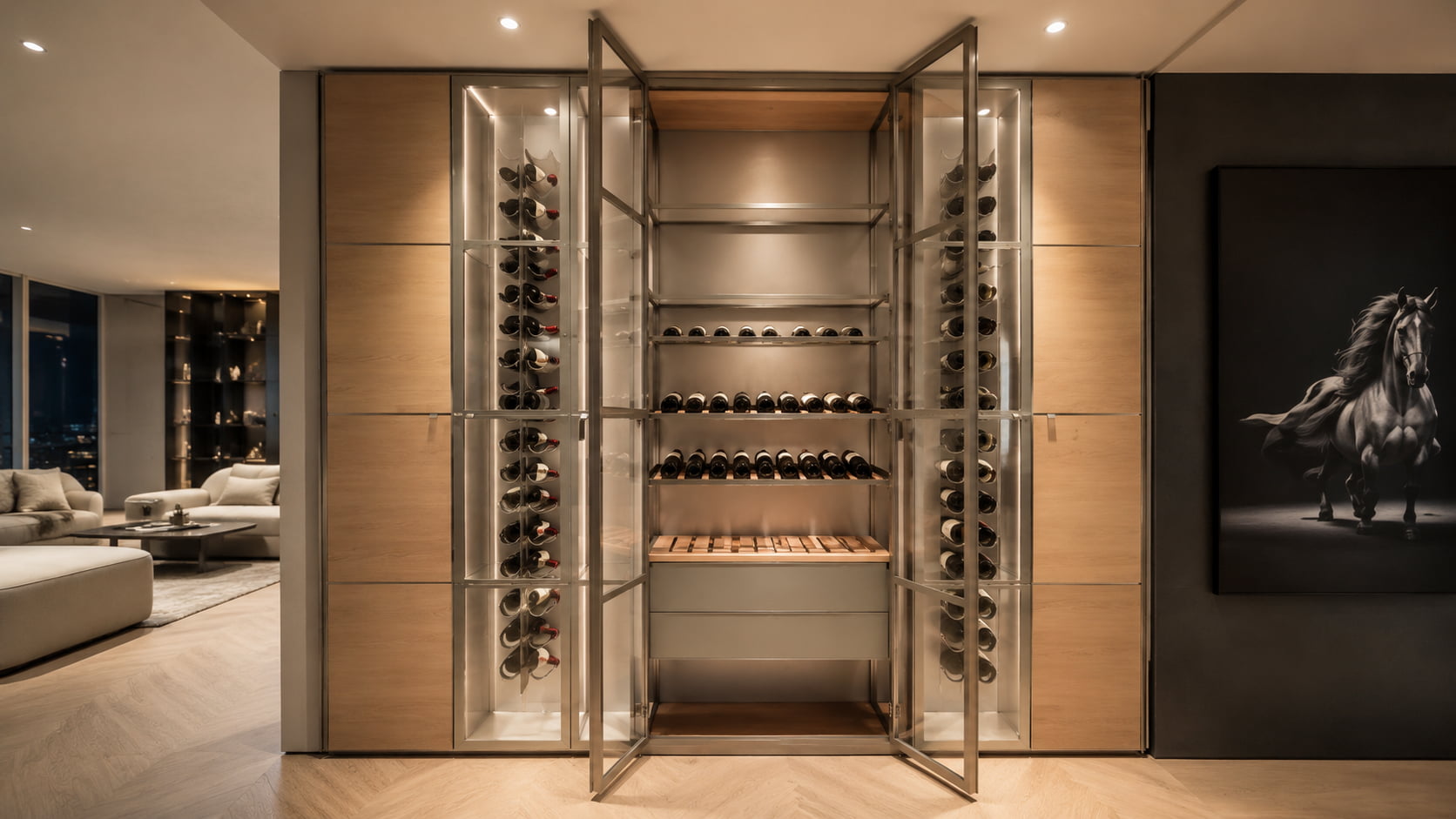 Custom aluminum and glass wine storage wall with bottle racks drawers and integrated lighting