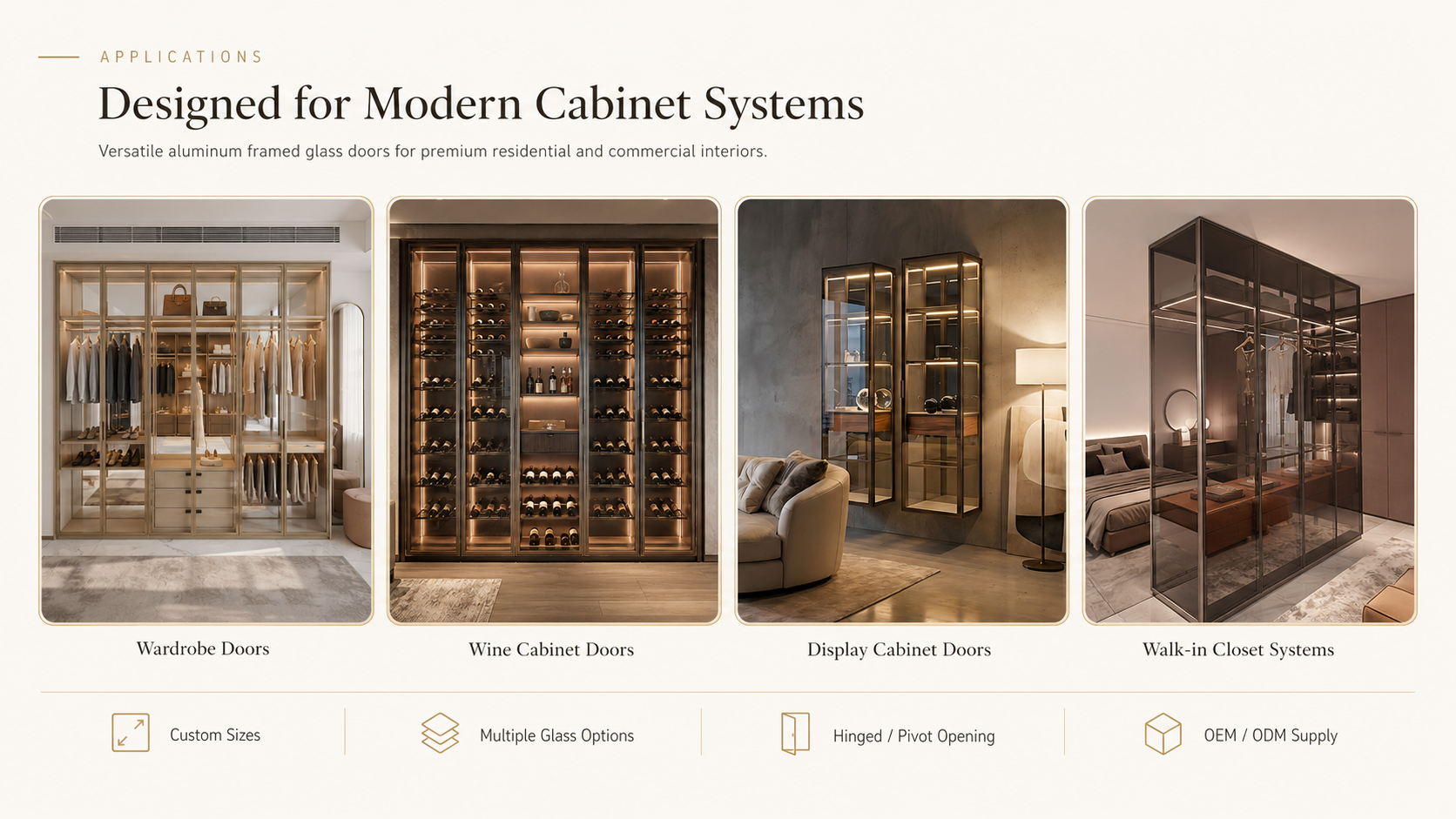 Applications of aluminum framed glass cabinet doors for wardrobe wine cabinet display cabinet and kitchen cabinet