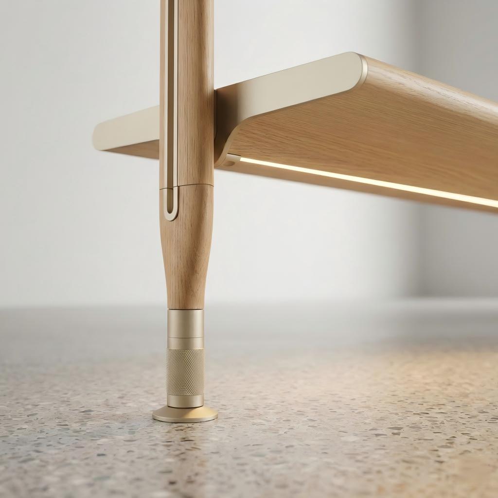 Close-up of walnut veneer shelf surfaces and bronze aluminum uprights