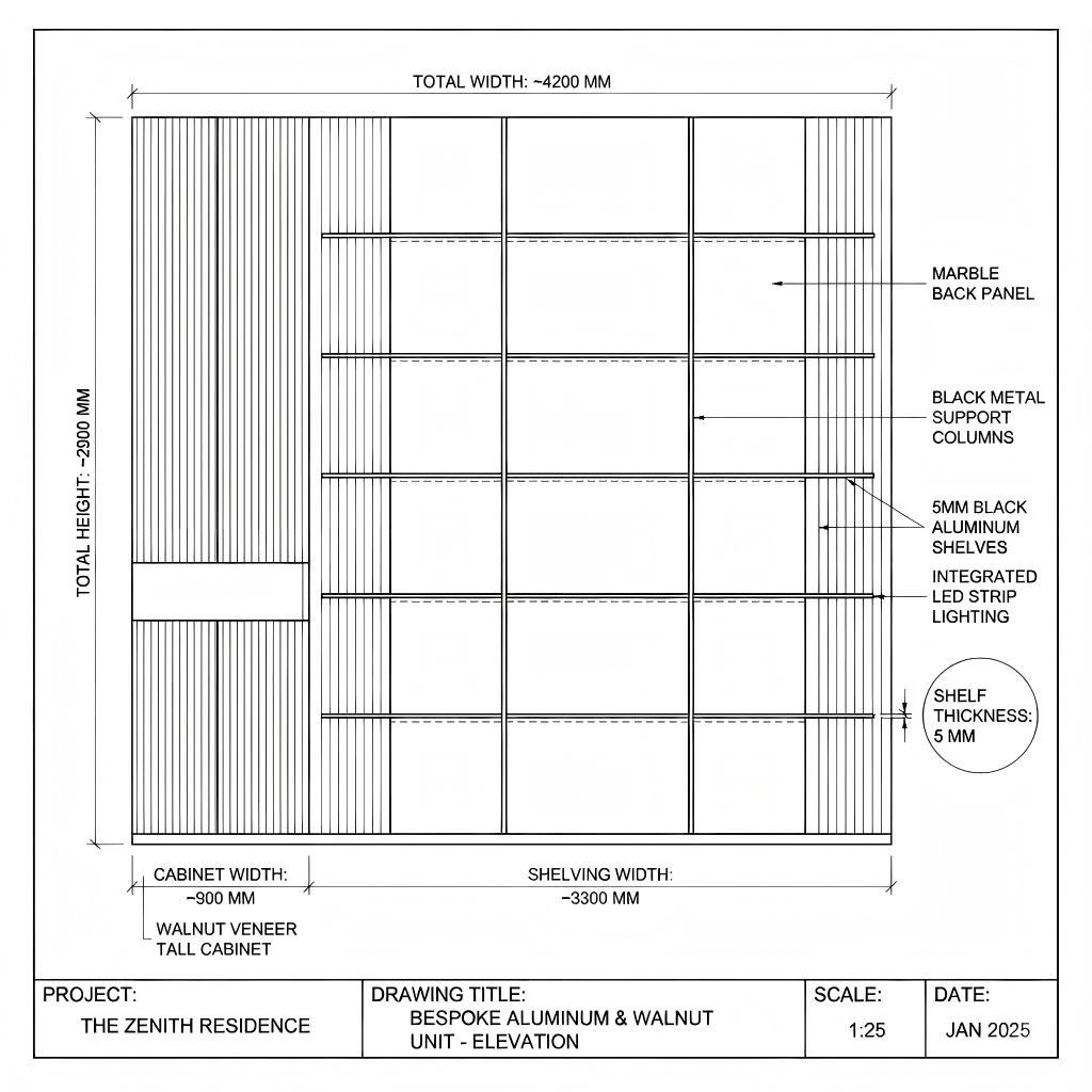 CAD design reference for a custom ultra-slim aluminum shelving wall