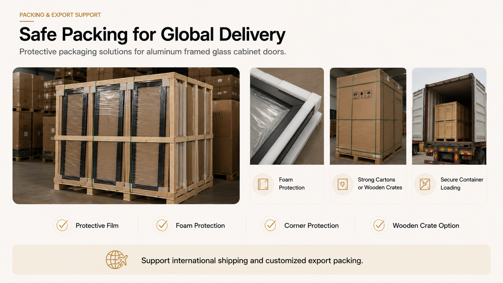 Safe packing and export support for aluminum framed glass cabinet doors