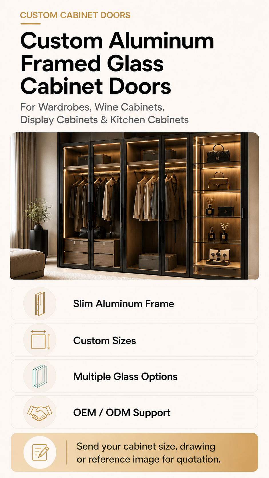 Custom aluminum framed glass cabinet doors mobile version