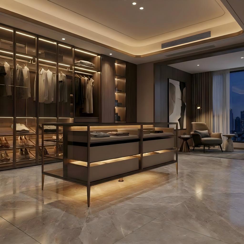 Glass walk-in wardrobe and center island illuminated by integrated warm LED lighting