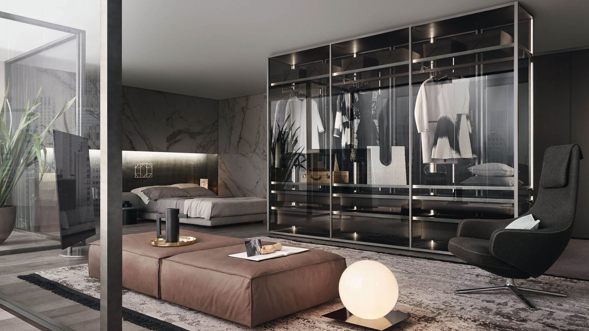 Aluminum framed glass wardrobe planned as part of a complete modern bedroom
