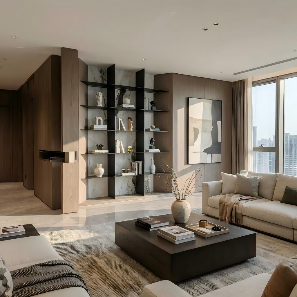 Ultra-slim aluminum wall shelving with walnut cabinetry and marble panels in natural daylight