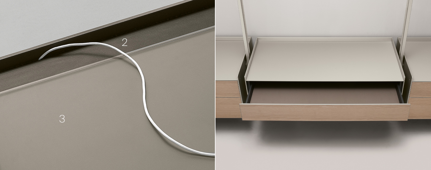Modular bookshelf component and suspended drawer construction details