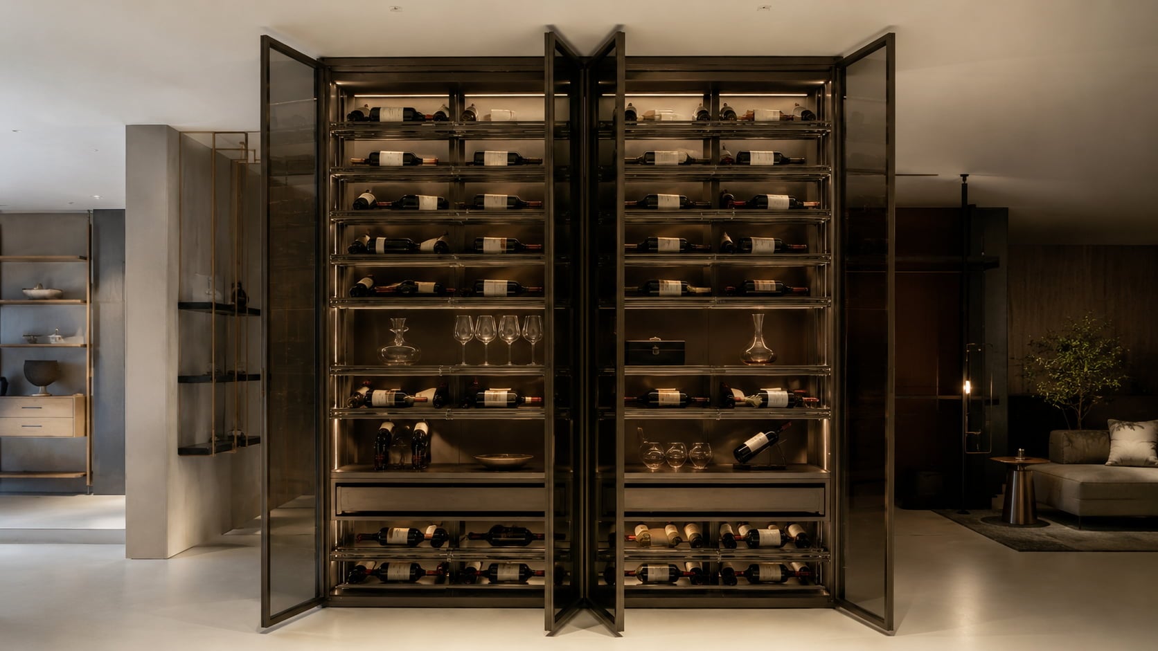 Open black glass wine cabinet with horizontal bottle racks drawers and warm lighting