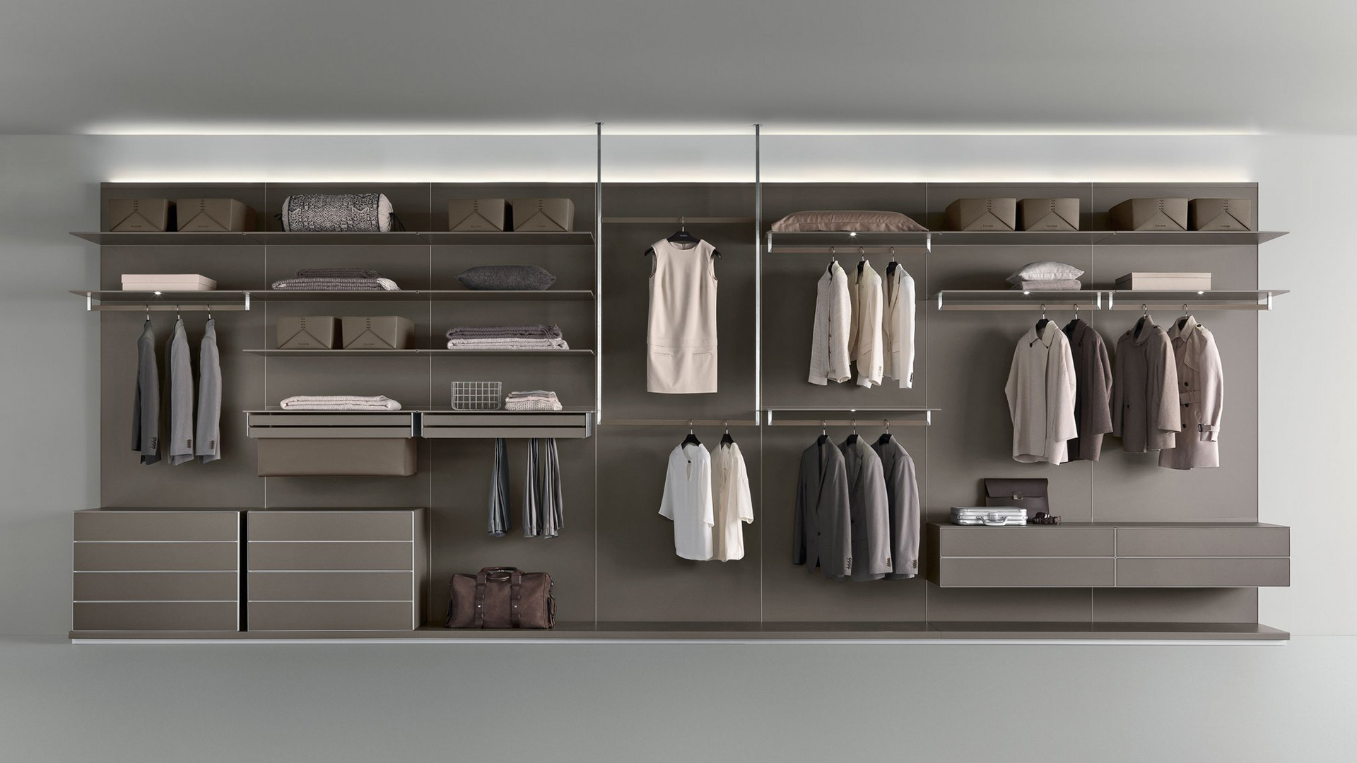 Full wall open modular wardrobe layout
