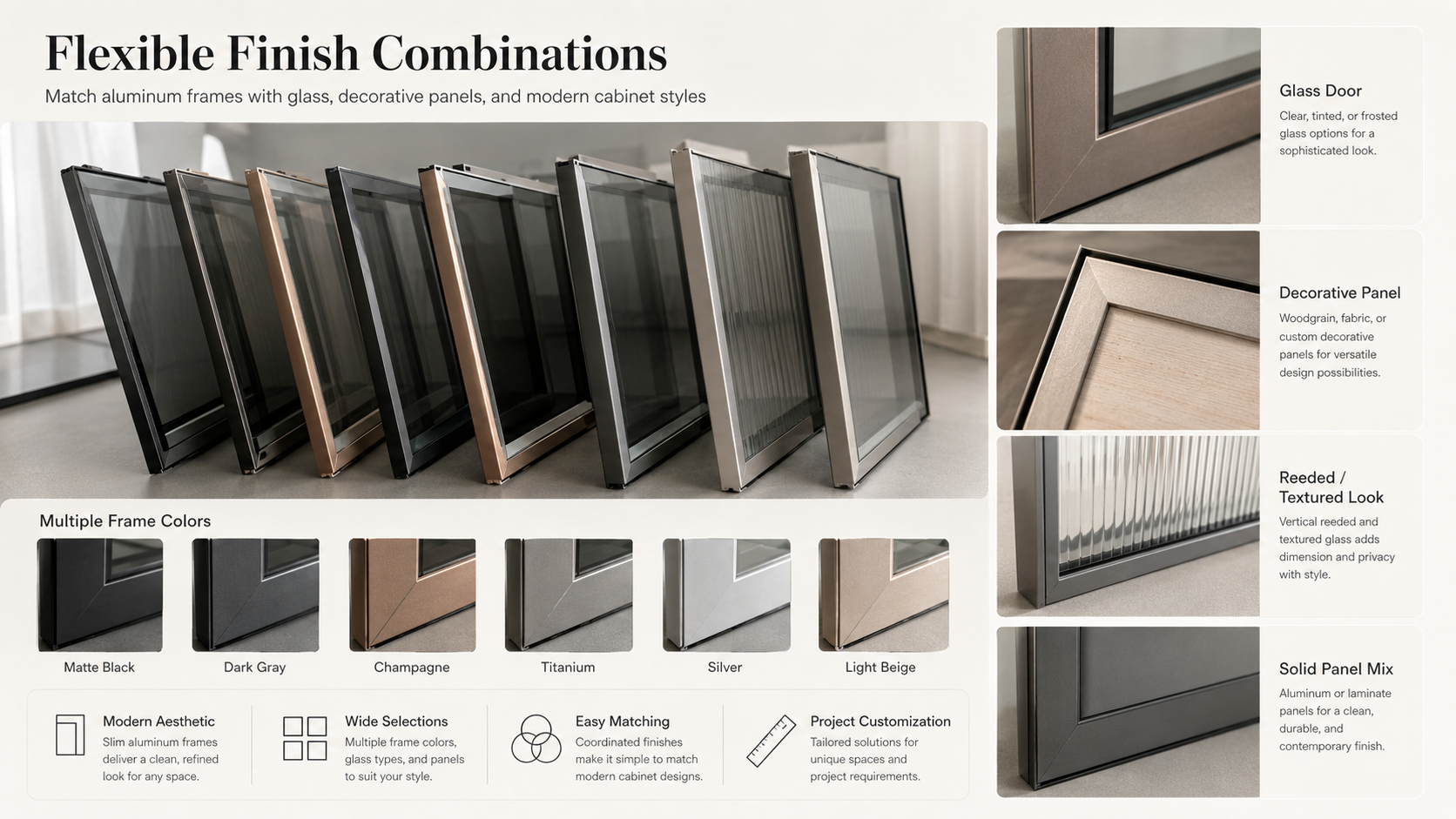 Flexible finish combinations for aluminum frame cabinet doors